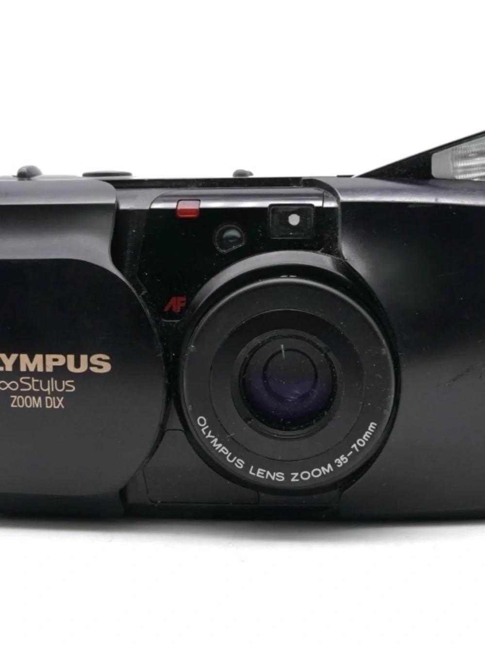 Olympus compact film camera in black with built-in flash